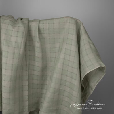 Linen fabric dusty green grey striped checks