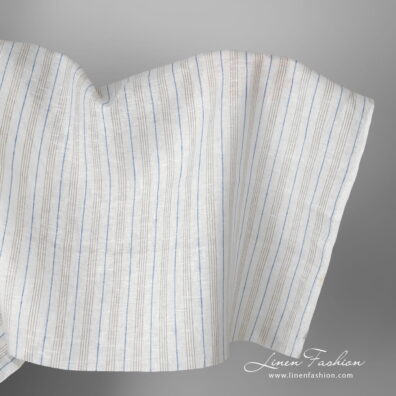 Linen fabric white with blue and grey stripes