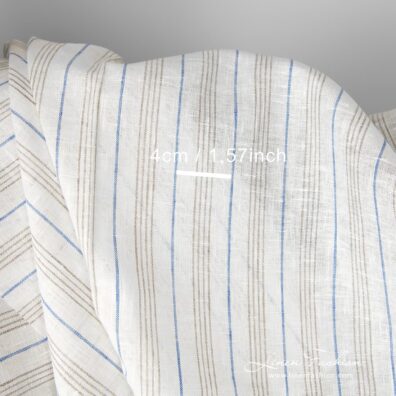 Linen fabric white with blue and grey stripes with measurements