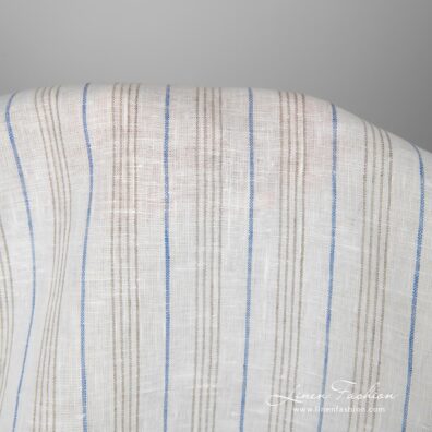 Linen fabric white with blue and grey stripes close up detail