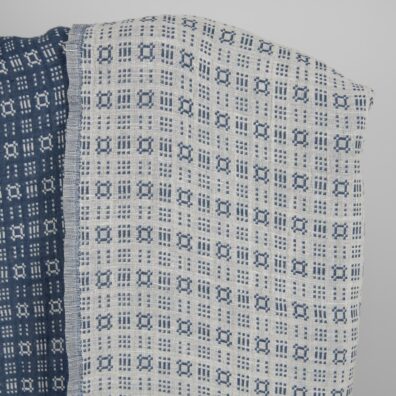 Washed linen cotton fabric off-white and blue pattern white side