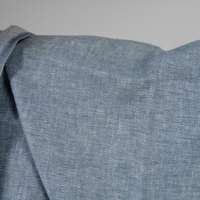 Linen fabric white blue in herringbone pattern double-sided front side