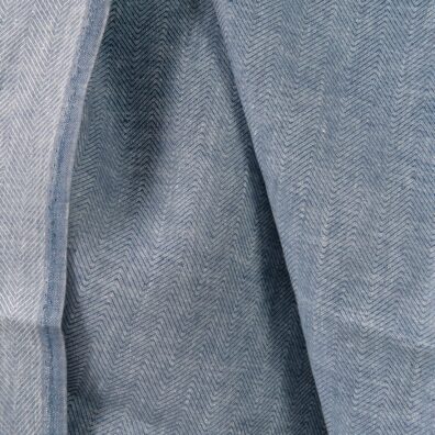 Linen fabric white blue in herringbone pattern double-sided close up detail