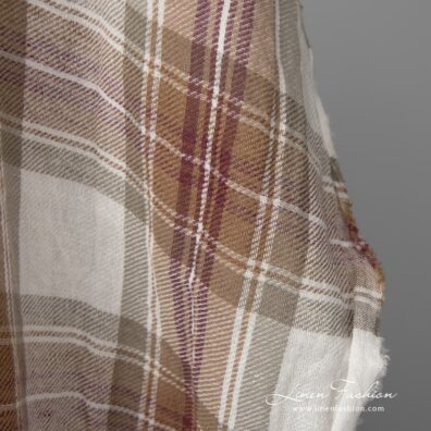 Wide washed half linen fabric off-white with brown checks edge