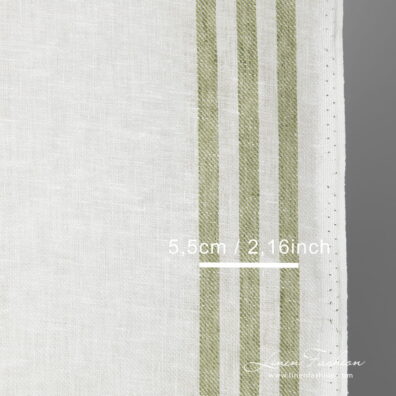 Narrow linen fabric white with green stripes on sides with measurements