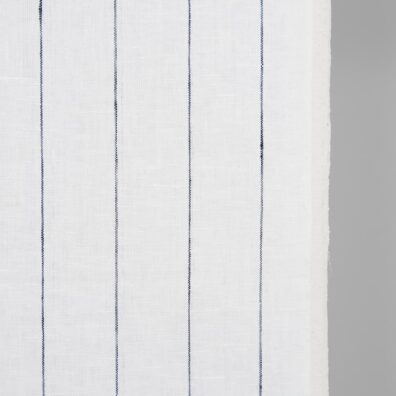 Narrow linen fabric white with thin blue stripes close up detail