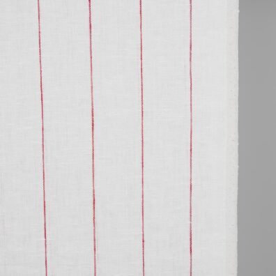 Narrow linen fabric white with thin red stripes close up detail
