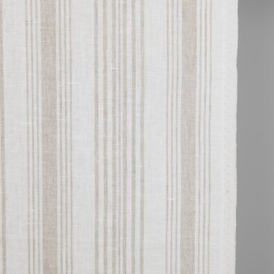 Narrow linen fabric white with natural colour stripes close up detail