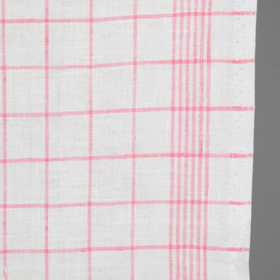 Narrow linen fabric bright white with pink checks close up detail