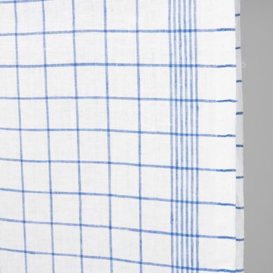 Narrow linen fabric bright white with blue checks edge