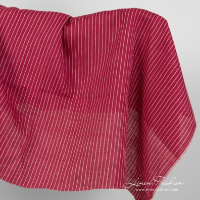 Linen fabric red with thin white stripes