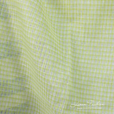 Linen fabric light green transparent checks close up detail