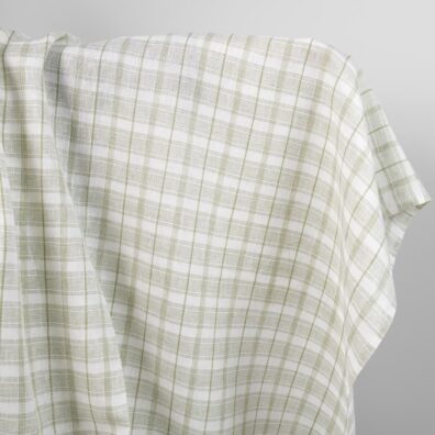 Linen fabric off-white with light olive green checks