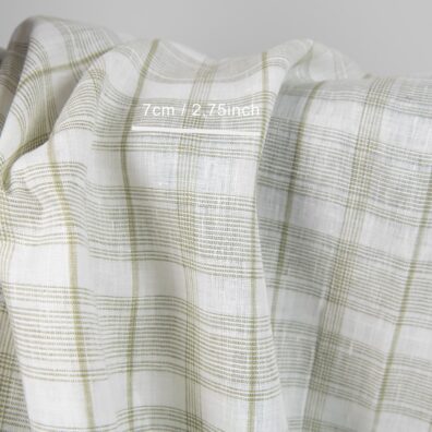 Linen fabric off-white with light olive green checks with measurements