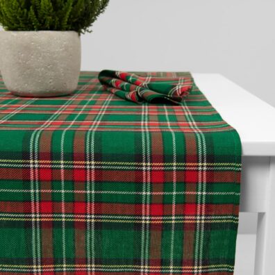Linen cotton checked green table runner close up detail