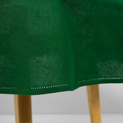 Linen cotton round oval emerald green tablecloth hem detail