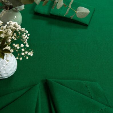 Linen cotton round oval emerald green tablecloth top view