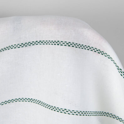 White linen cotton fabric green dotted stripes