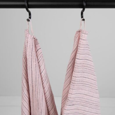 Linen pink striped waffle bath towels, with hanging loops