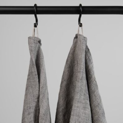 Grey linen herringbone bath towel, with hanging loops