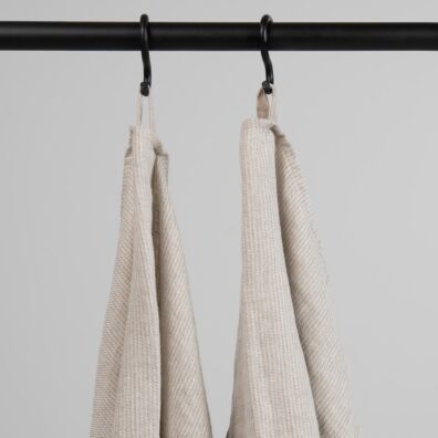 Beige linen striped bath towel, with hanging loops
