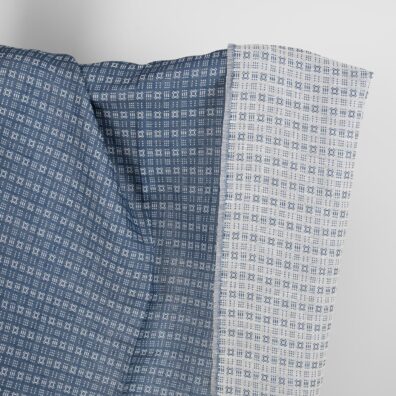 Linen cotton fabric white and dark blue geometric pattern