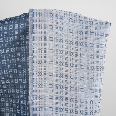 Linen cotton fabric white and dark blue geometric pattern, 150cm