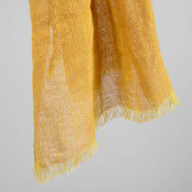 Yellow brown linen shawl with fringe, sheer