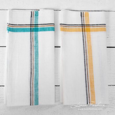 Kitchen towel Set No. 24 5 Off-white kitchen towels with yellow,green stripes