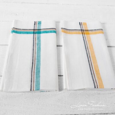 Kitchen towel Set No. 24 6 Linen cotton kitchen towels, white with coloured stripes