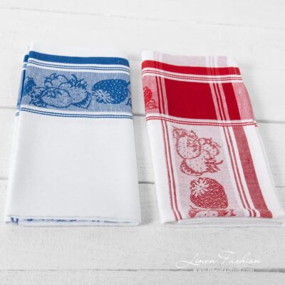 Kitchen towel Set No. 25 6 White linen cotton towels with red and blue strawberry pattern