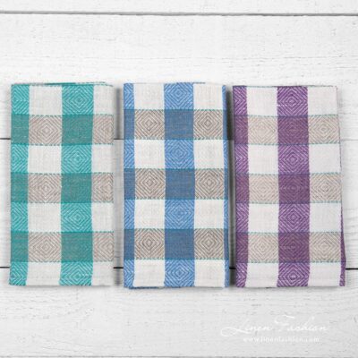 Kitchen towel Set No. 26 6 Linen kitchen towel set in green, blue and violet checks