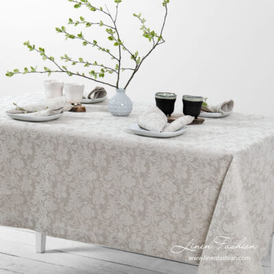 FLORA Tablecloth beige 6 Grey linen tablecloth with flower ornaments | Linen Fashion