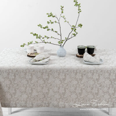 FLORA Tablecloth beige 7 Jacquard linen tablecloth in light grey and white color