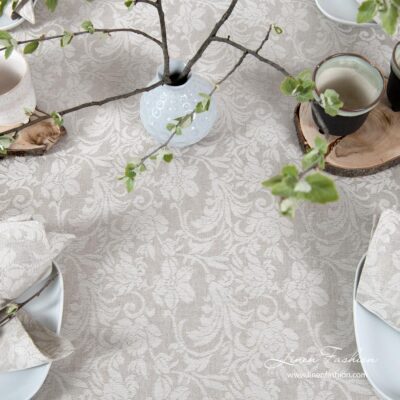 FLORA Tablecloth beige 9 Tablecloth made from light grey and white jacquard linen / cotton fabric in floral motives