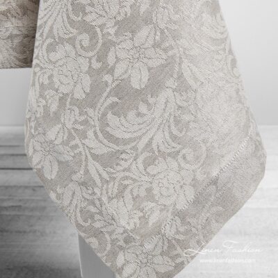 FLORA Tablecloth beige 10 Grey linen tablecloth with flower ornaments, folded border