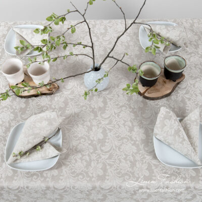FLORA Tablecloth beige 8 Grey linen tablecloth with flower ornaments