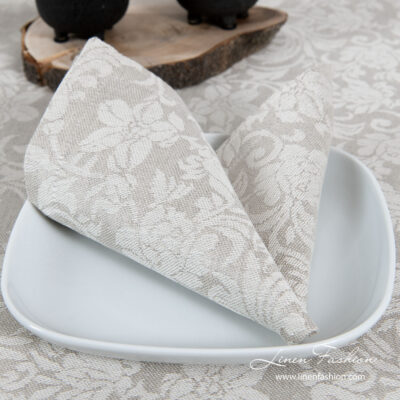FLORA Table napkin beige 5 Grey linen napkin with flower ornaments