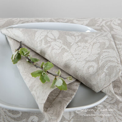 FLORA Table napkin beige 6 Jacquard linen napkin with grey flowers