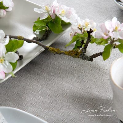 Light grey patterned linen tablecloth with hemstitch | Linen Fashion