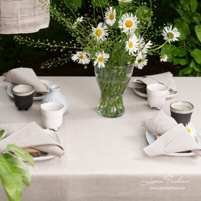 AIRA Tablecloth natural linen 6 Natural grey linen tablecloth with hemstitch and napkins