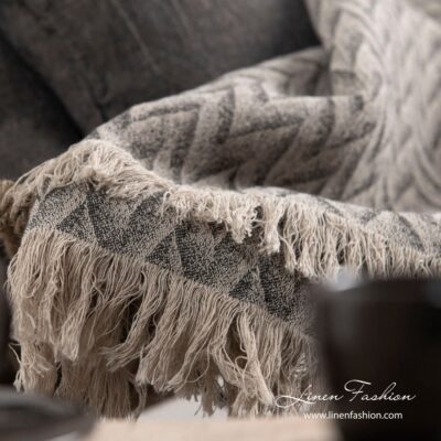 JAPAN Blanket grey 8 Grey linen cotton blanket with loose fringes