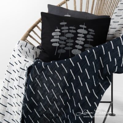 HAZEL black linen cotton blanket with stripes