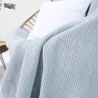 BINGO Blanket ice blue 6 Linen cotton throw ice blue, waffle structure.