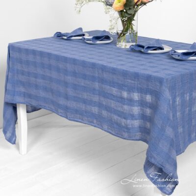 PORTO Tablecloth blue 8 PORTO blue linen tablecloth in openweave checks