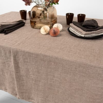 ALMOND Tablecloth brown 10 brown linen herringbone tablecloth, washed.