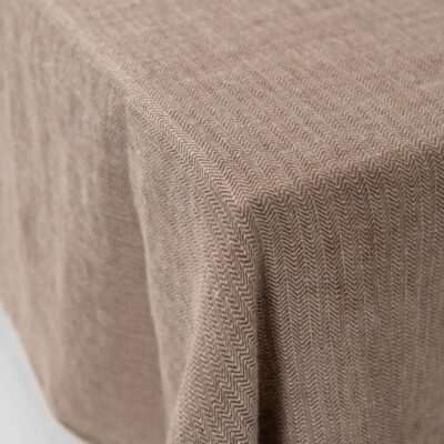 ALMOND Tablecloth brown 16 brown linen herringbone tablecloth view from corner.