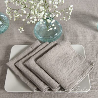 NARA Table napkin natural linen 5 NARA grey linen napkin with folded hemstitch borders