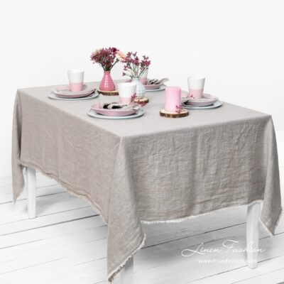 VEGA Tablecloth beige 6 Washed linen light grey tablecloth with fringe