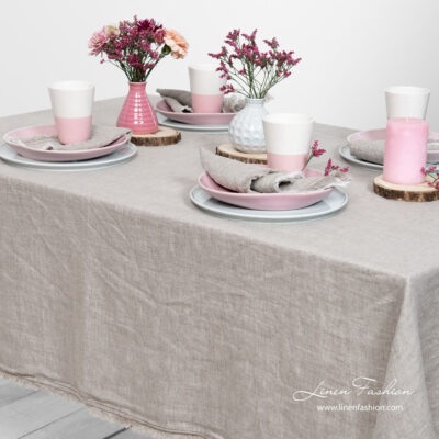 VEGA Tablecloth beige 7 Washed linen light grey tablecloth with fringe and double stitch around